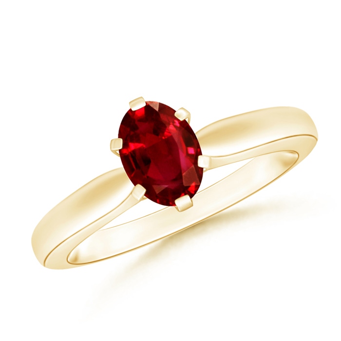 7x5mm AAAA Tapered Shank Oval Solitaire Ruby Ring in Yellow Gold