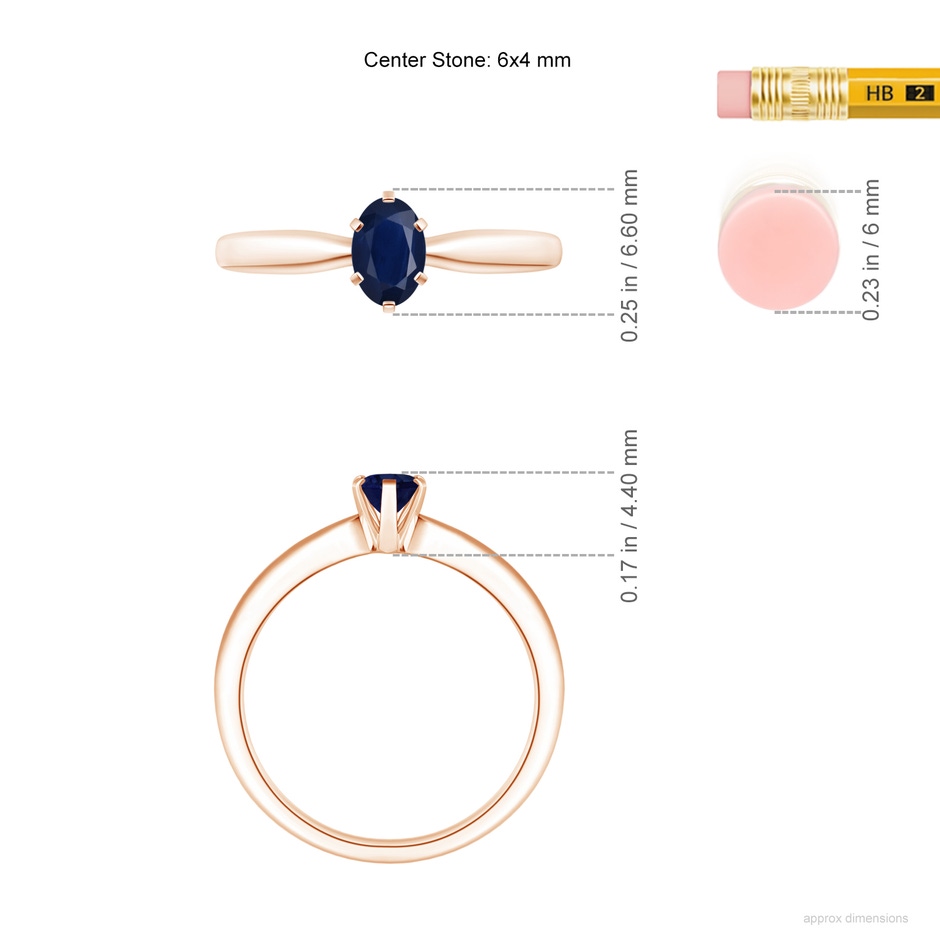 6x4mm A Tapered Shank Oval Solitaire Sapphire Ring in Rose Gold ruler