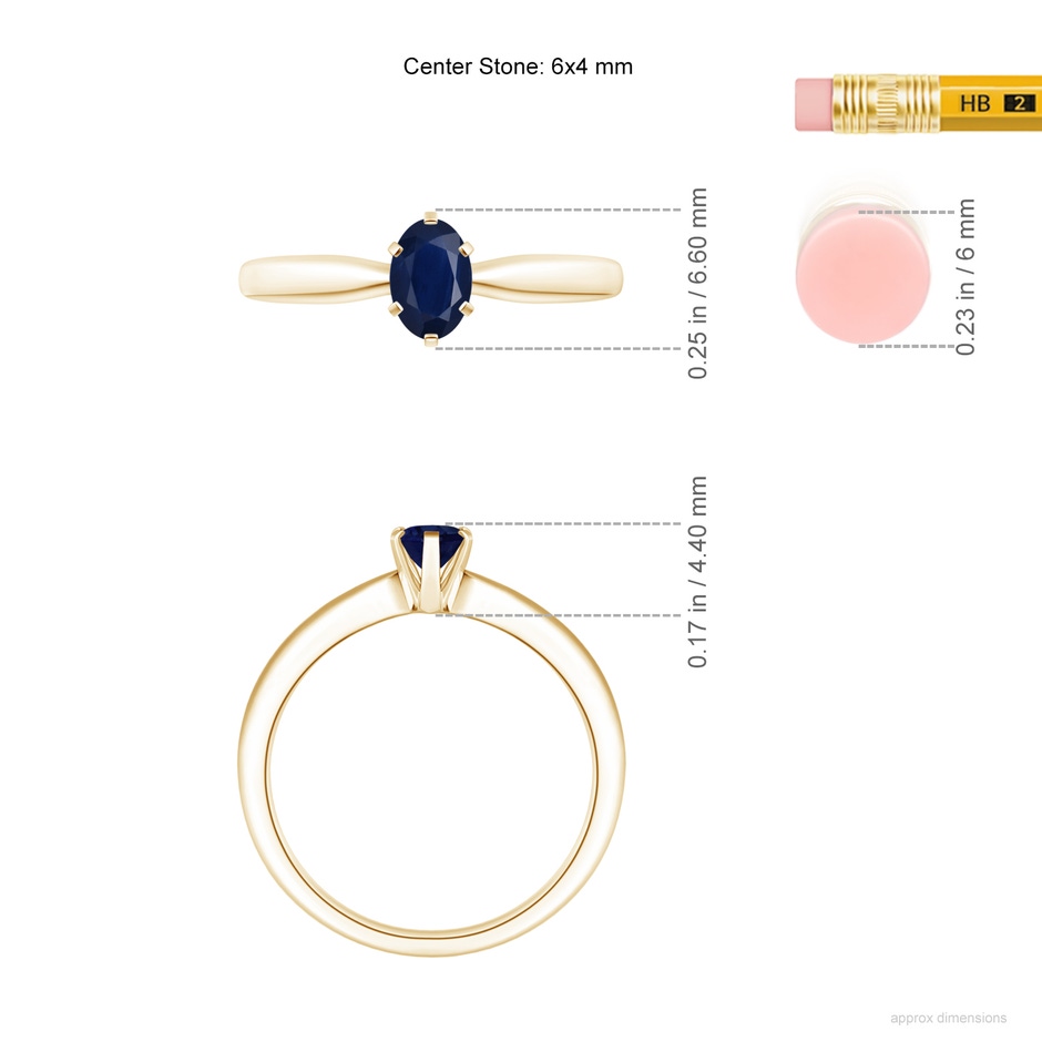 6x4mm A Tapered Shank Oval Solitaire Sapphire Ring in Yellow Gold ruler