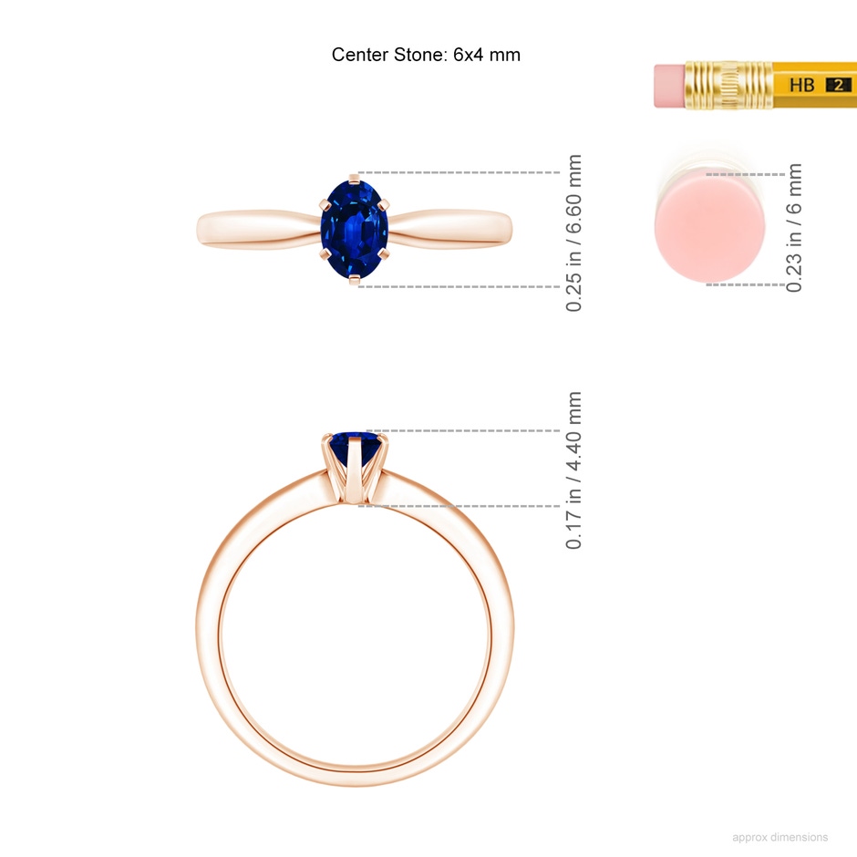 6x4mm AAAA Tapered Shank Oval Solitaire Sapphire Ring in Rose Gold ruler