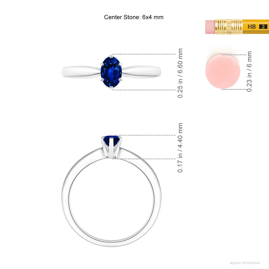 6x4mm AAAA Tapered Shank Oval Solitaire Sapphire Ring in White Gold ruler