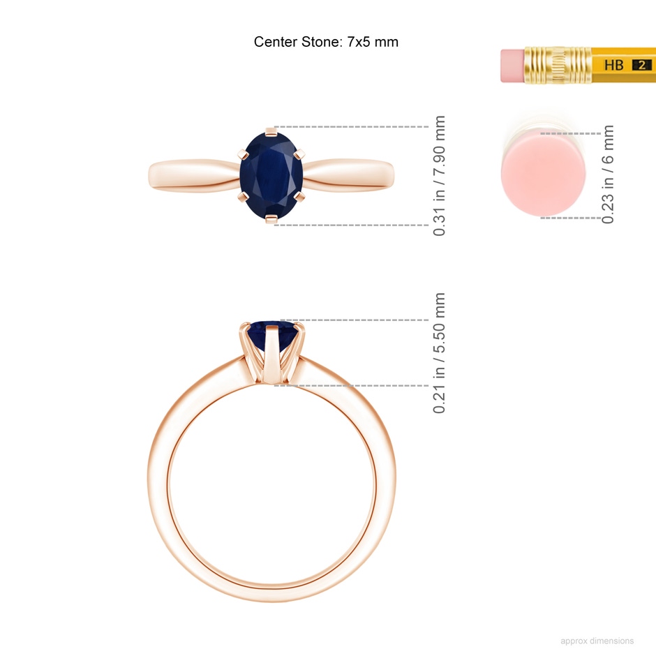 7x5mm A Tapered Shank Oval Solitaire Sapphire Ring in Rose Gold ruler