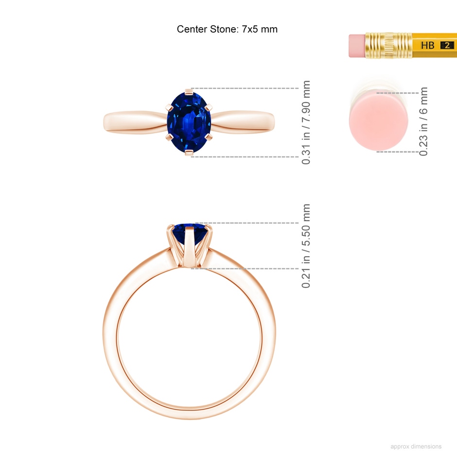 7x5mm AAAA Tapered Shank Oval Solitaire Sapphire Ring in Rose Gold ruler