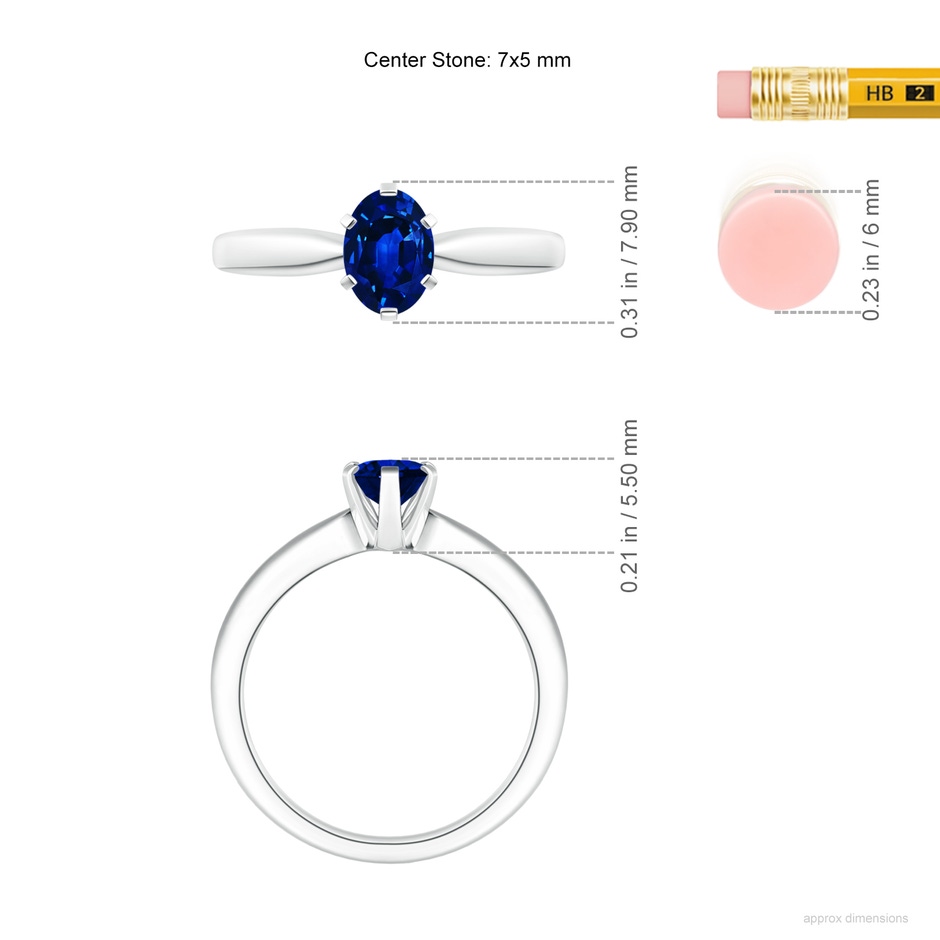 7x5mm AAAA Tapered Shank Oval Solitaire Sapphire Ring in White Gold ruler