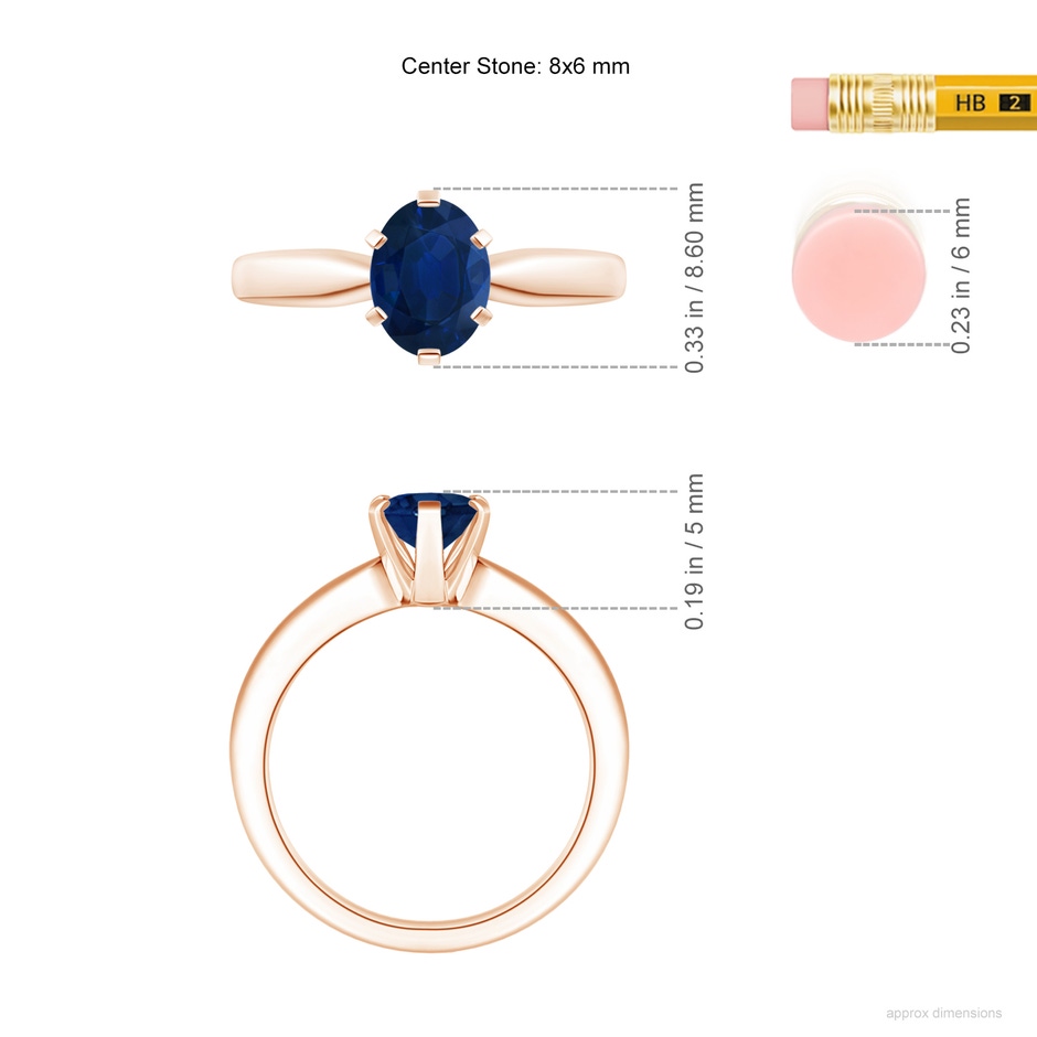8x6mm AA Tapered Shank Oval Solitaire Sapphire Ring in Rose Gold ruler