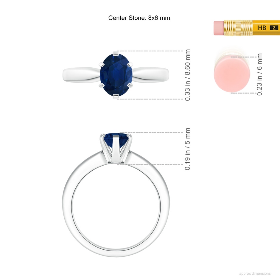 8x6mm AA Tapered Shank Oval Solitaire Sapphire Ring in White Gold ruler