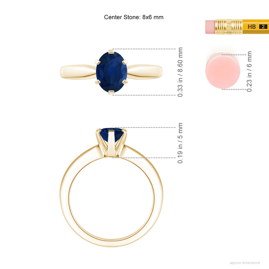 8x6mm AA Tapered Shank Oval Solitaire Sapphire Ring in Yellow Gold ruler