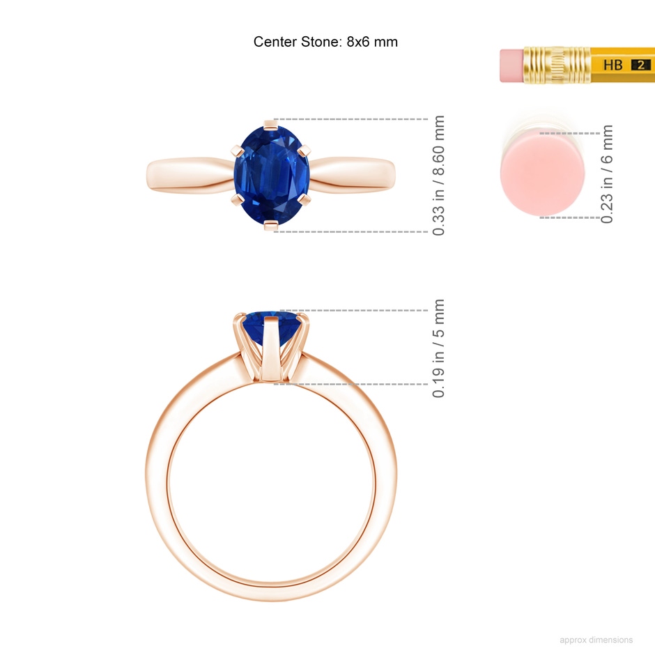 8x6mm AAA Tapered Shank Oval Solitaire Sapphire Ring in Rose Gold ruler