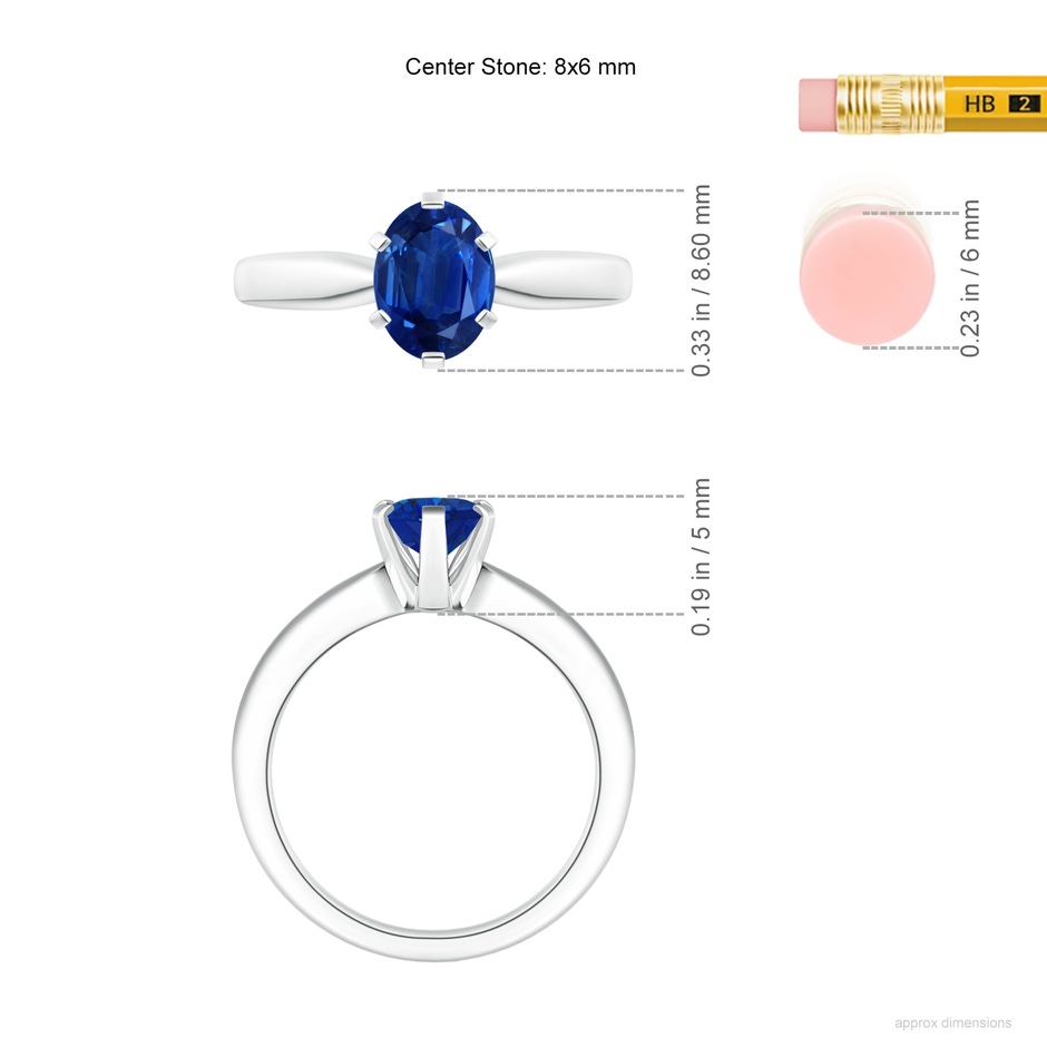 8x6mm AAA Tapered Shank Oval Solitaire Sapphire Ring in White Gold ruler