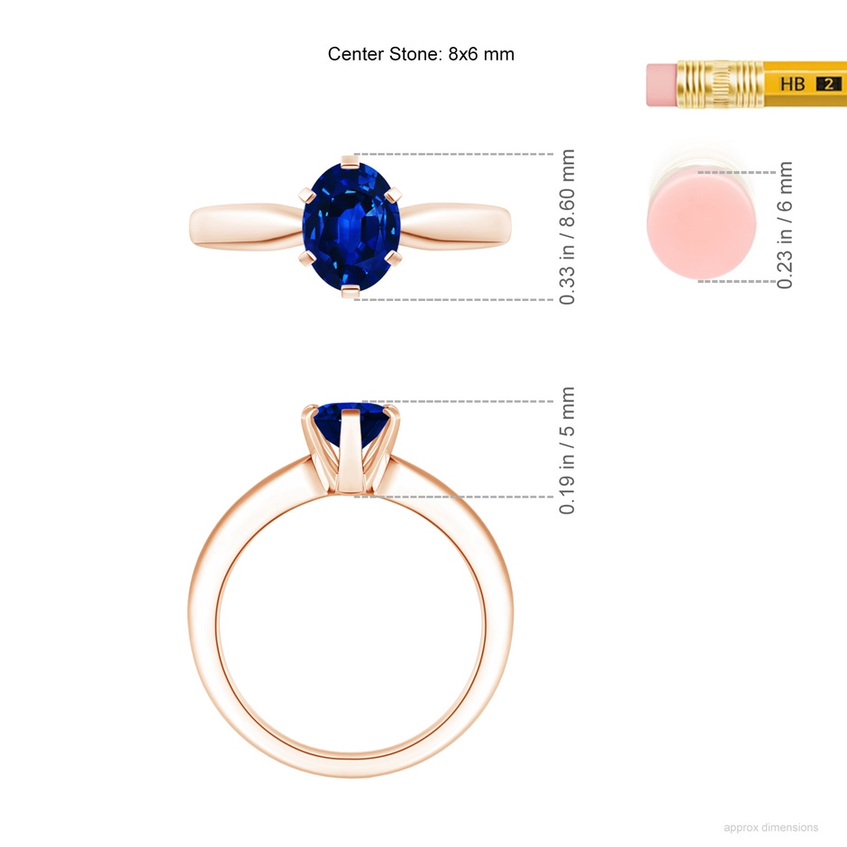 8x6mm AAAA Tapered Shank Oval Solitaire Sapphire Ring in Rose Gold ruler