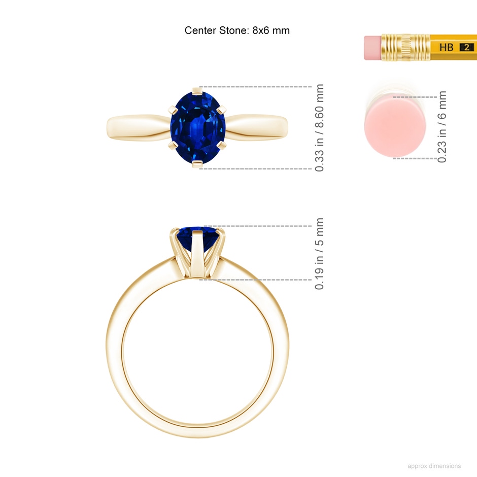 8x6mm AAAA Tapered Shank Oval Solitaire Sapphire Ring in Yellow Gold ruler