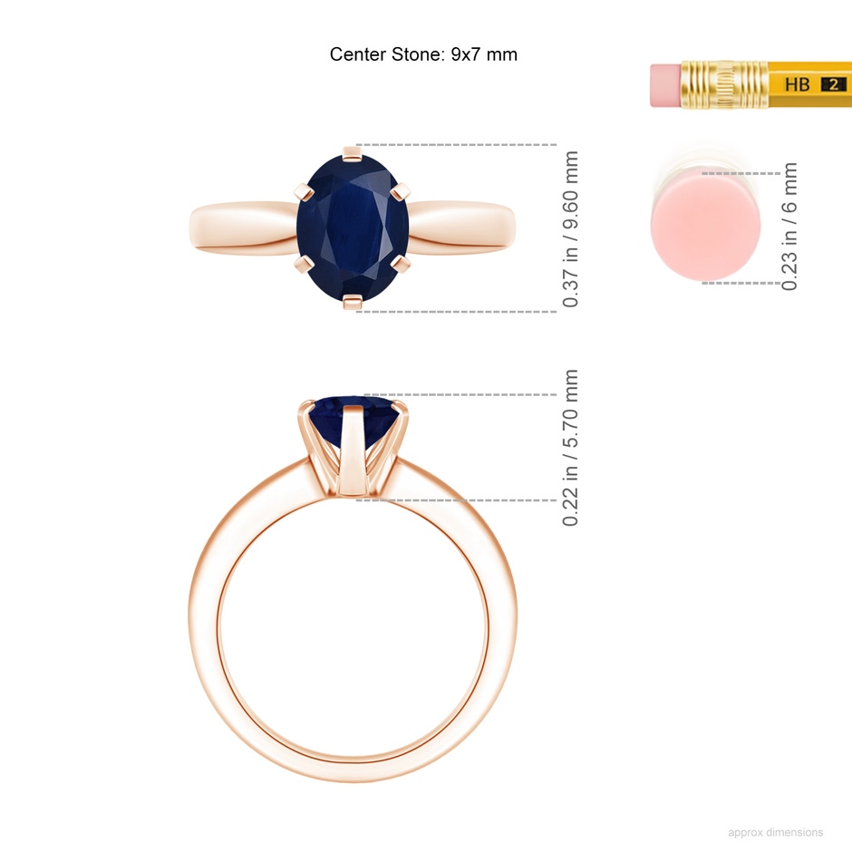 9x7mm A Tapered Shank Oval Solitaire Sapphire Ring in Rose Gold ruler