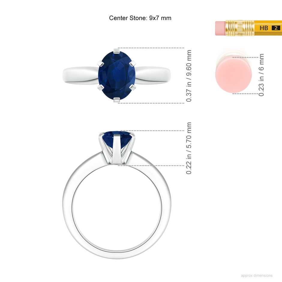9x7mm AA Tapered Shank Oval Solitaire Sapphire Ring in White Gold ruler
