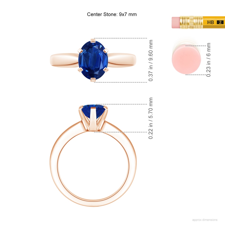 9x7mm AAA Tapered Shank Oval Solitaire Sapphire Ring in Rose Gold ruler