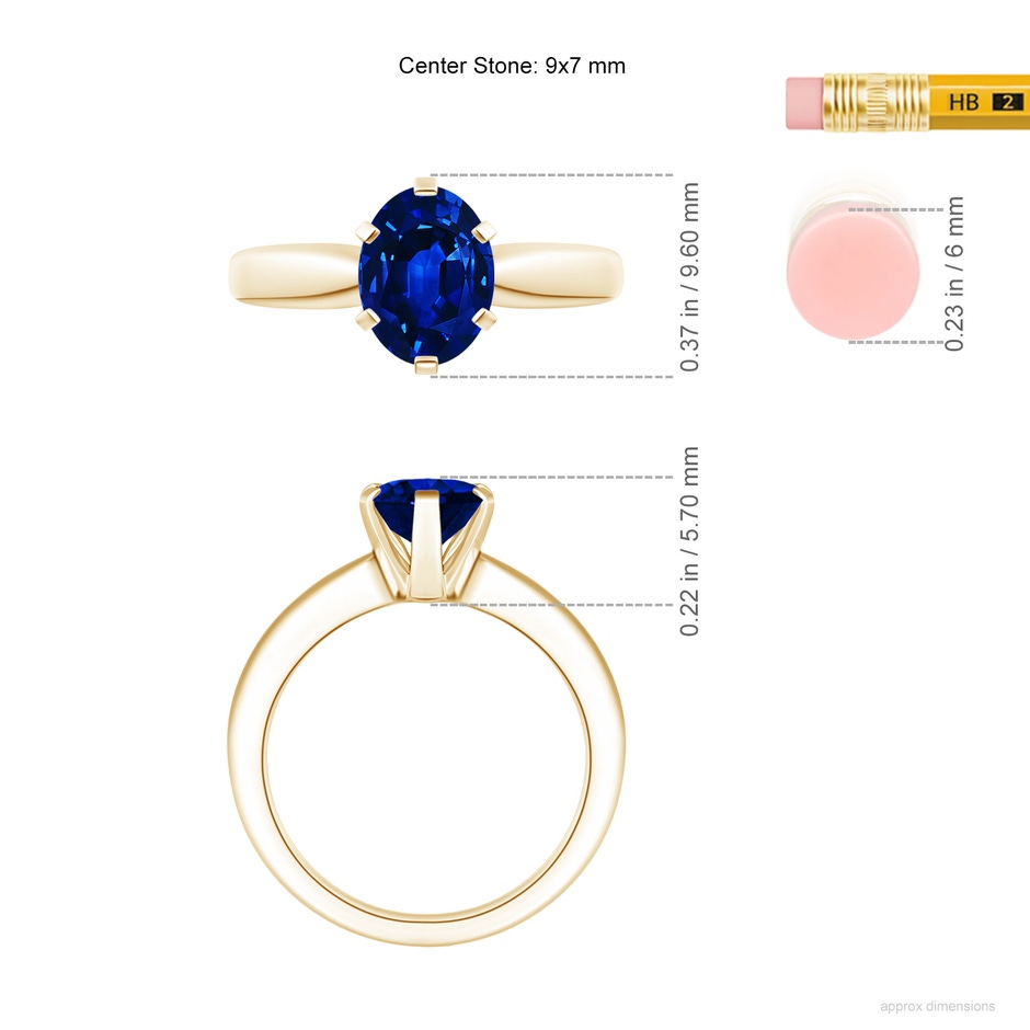 9x7mm AAAA Tapered Shank Oval Solitaire Sapphire Ring in 18K Yellow Gold ruler