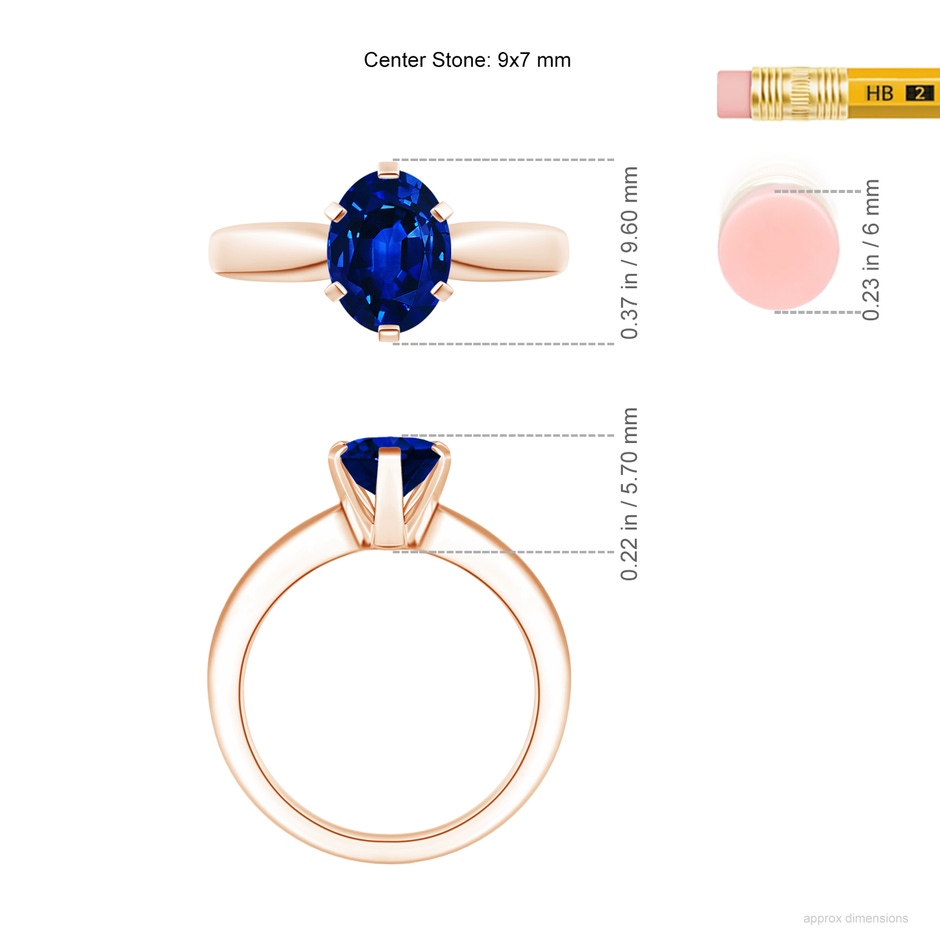 9x7mm AAAA Tapered Shank Oval Solitaire Sapphire Ring in Rose Gold ruler
