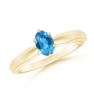 6x4mm AAA Tapered Shank Oval Solitaire Swiss Blue Topaz Ring in 9K Yellow Gold