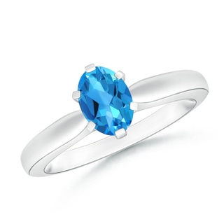 7x5mm AAAA Tapered Shank Oval Solitaire Swiss Blue Topaz Ring in White Gold