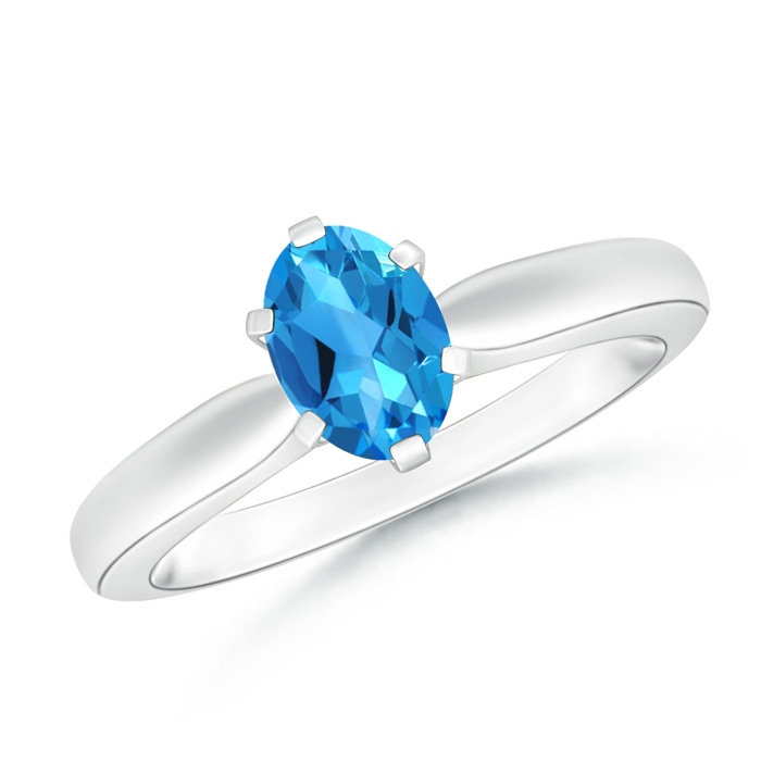 7x5mm AAAA Tapered Shank Oval Solitaire Swiss Blue Topaz Ring in White Gold 