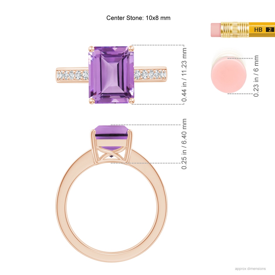 10x8mm A Octagonal Amethyst Cocktail Ring with Diamonds in Rose Gold ruler