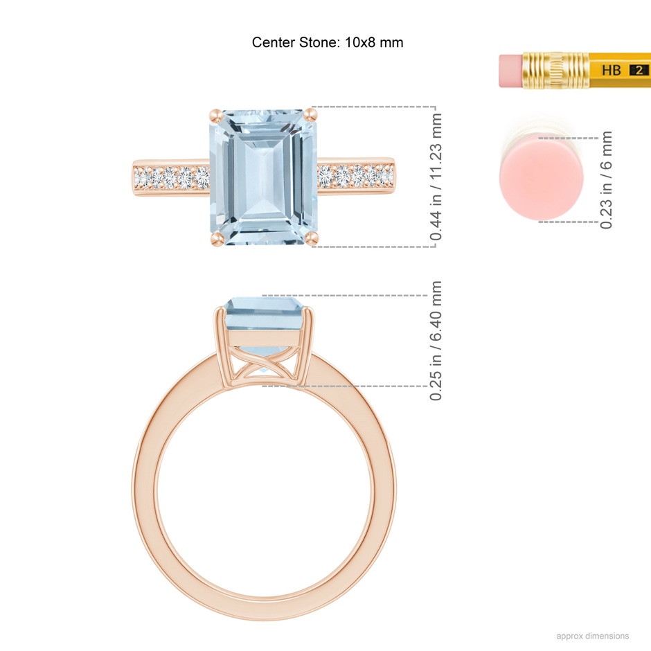 10x8mm A Octagonal Aquamarine Cocktail Ring with Diamonds in Rose Gold ruler