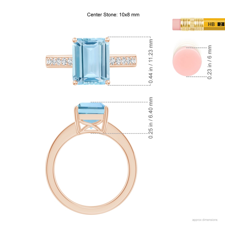 10x8mm AAA Octagonal Aquamarine Cocktail Ring with Diamonds in Rose Gold ruler