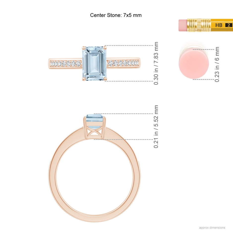7x5mm A Octagonal Aquamarine Cocktail Ring with Diamonds in Rose Gold ruler