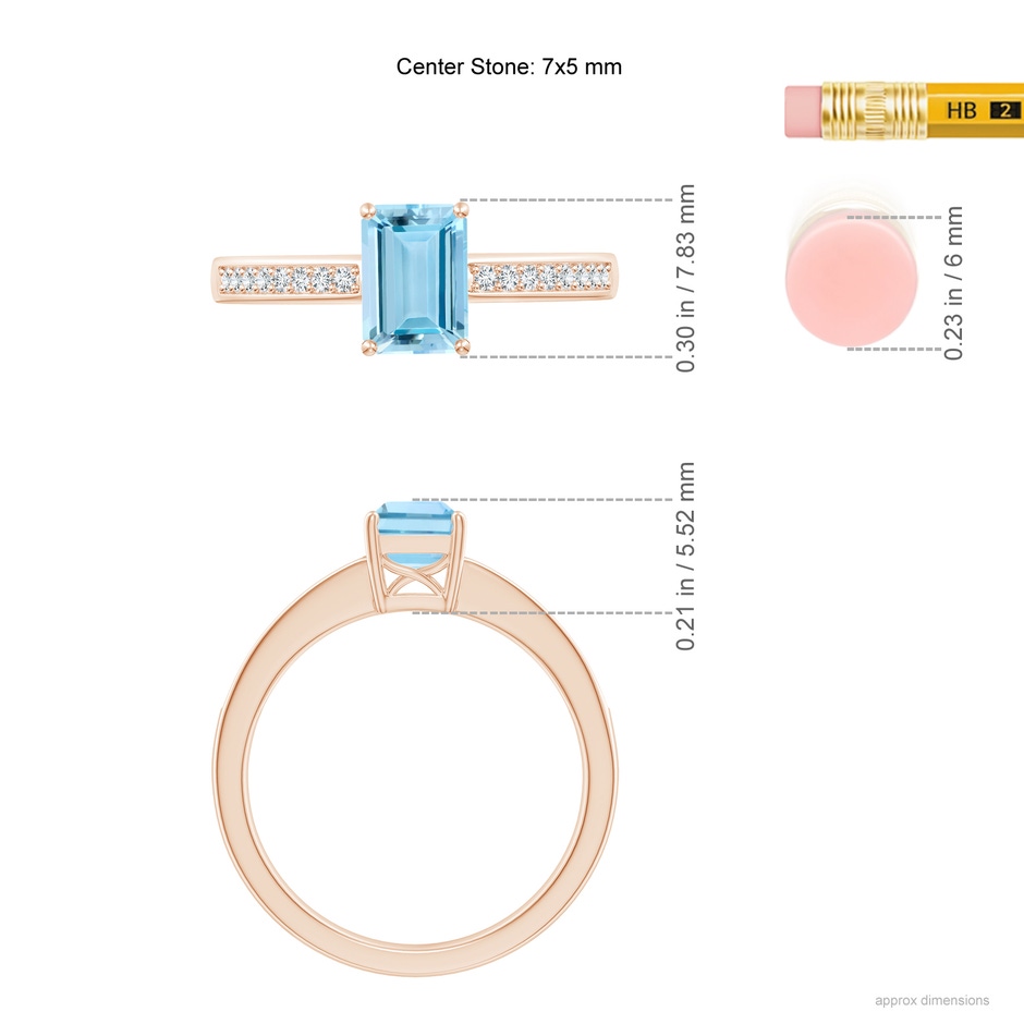 7x5mm AAAA Octagonal Aquamarine Cocktail Ring with Diamonds in Rose Gold ruler