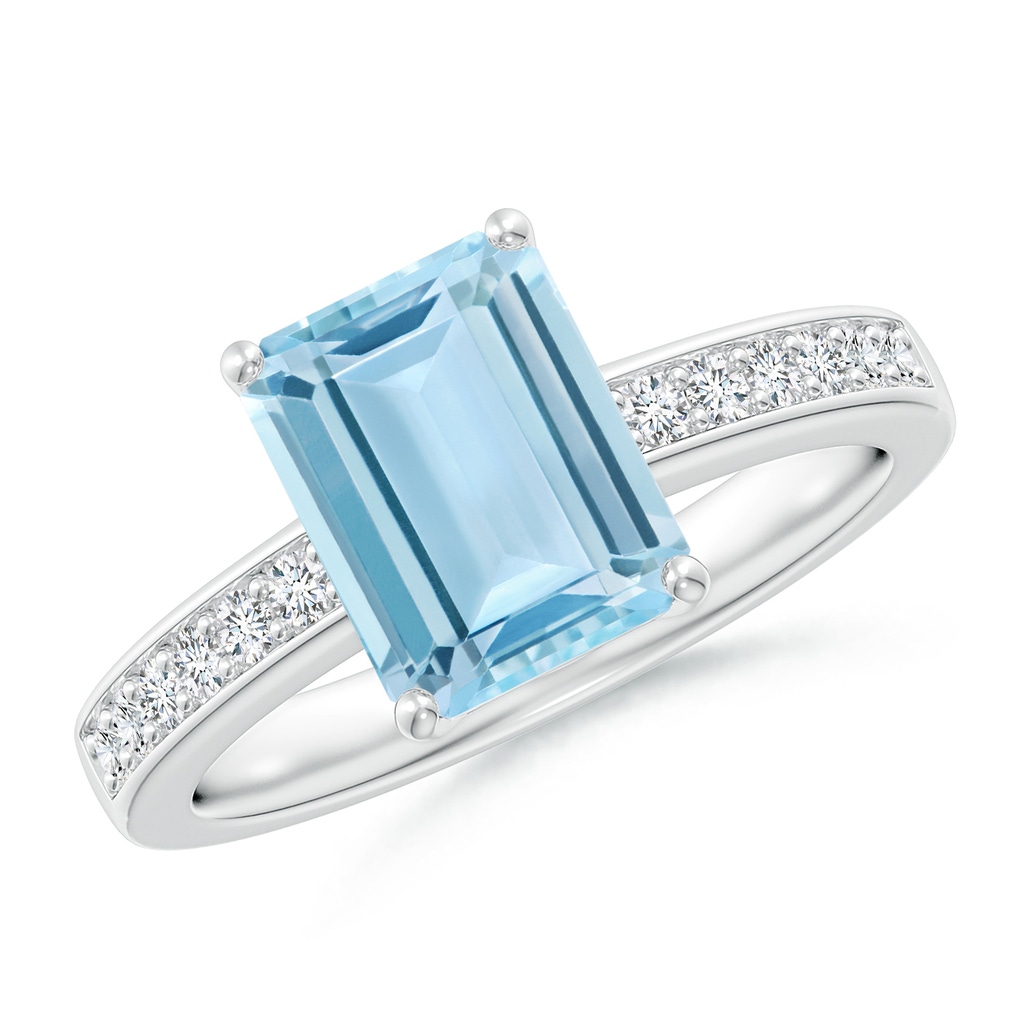 9x7mm AAA Octagonal Aquamarine Cocktail Ring with Diamonds in 10K White Gold