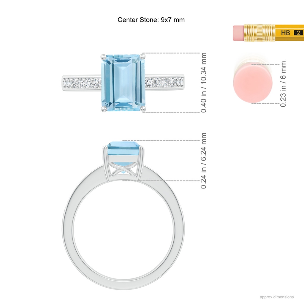 9x7mm AAA Octagonal Aquamarine Cocktail Ring with Diamonds in 9K White Gold Ruler
