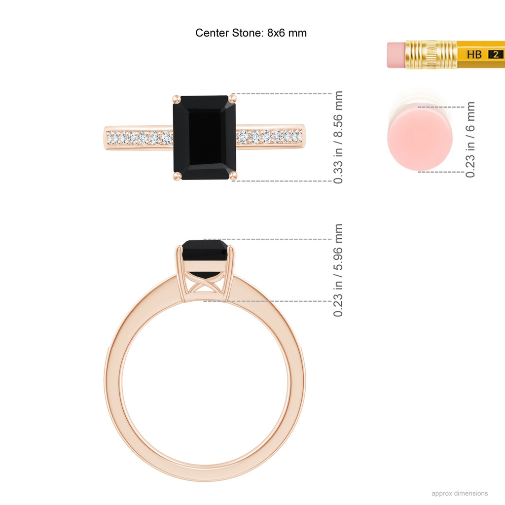 8x6mm AAA Octagonal Black Onyx Cocktail Ring with Diamonds in Rose Gold Ruler