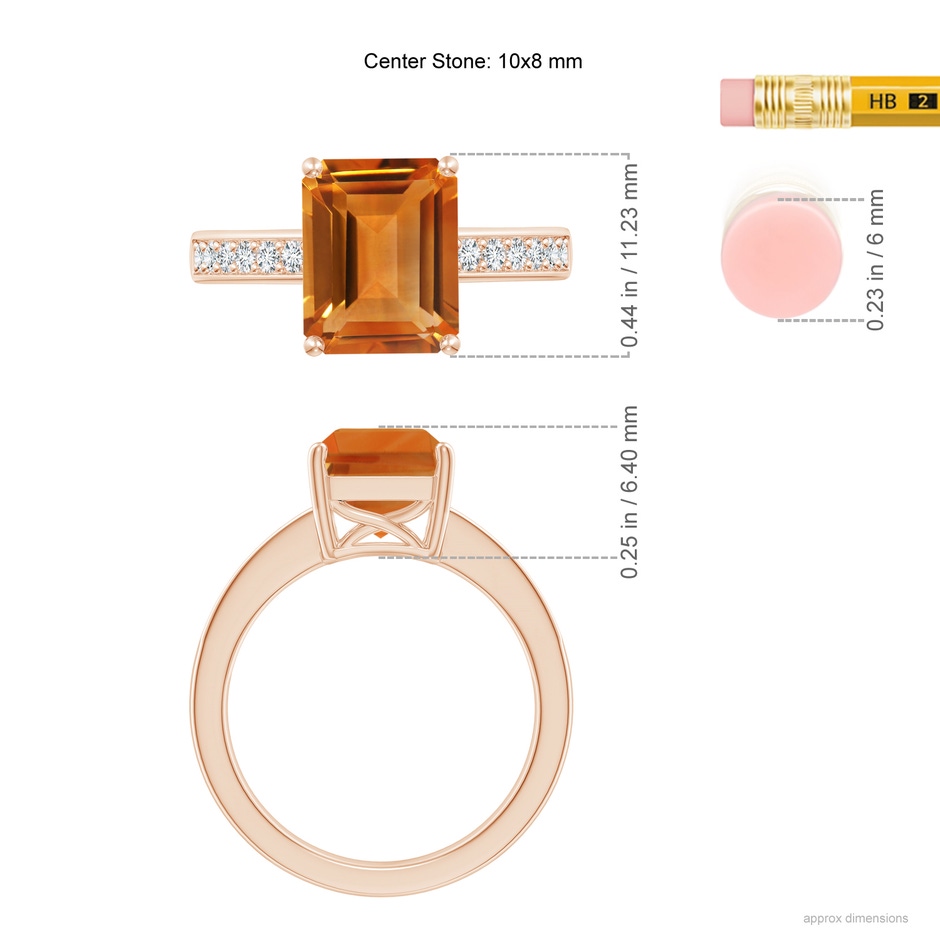 10x8mm AAA Octagonal Citrine Cocktail Ring with Diamonds in Rose Gold ruler