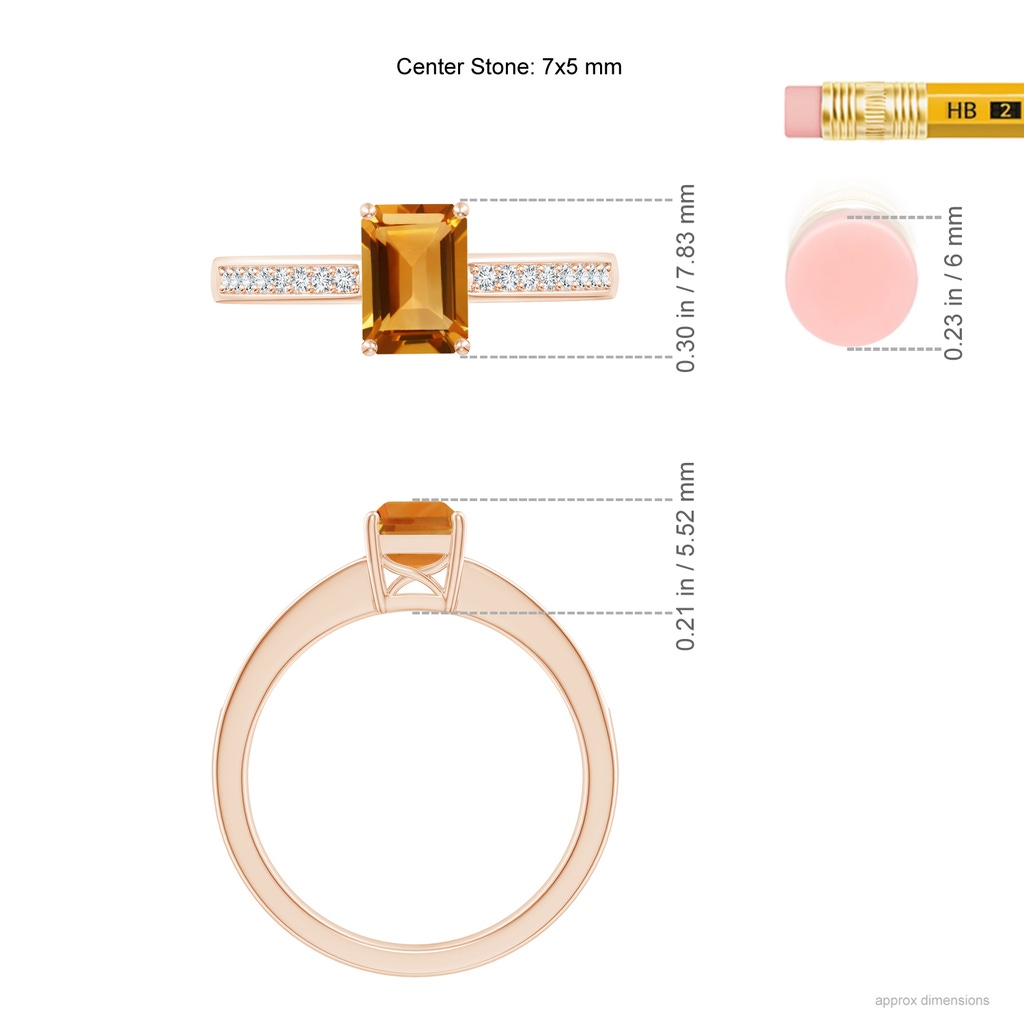 7x5mm AA Octagonal Citrine Cocktail Ring with Diamonds in Rose Gold Ruler