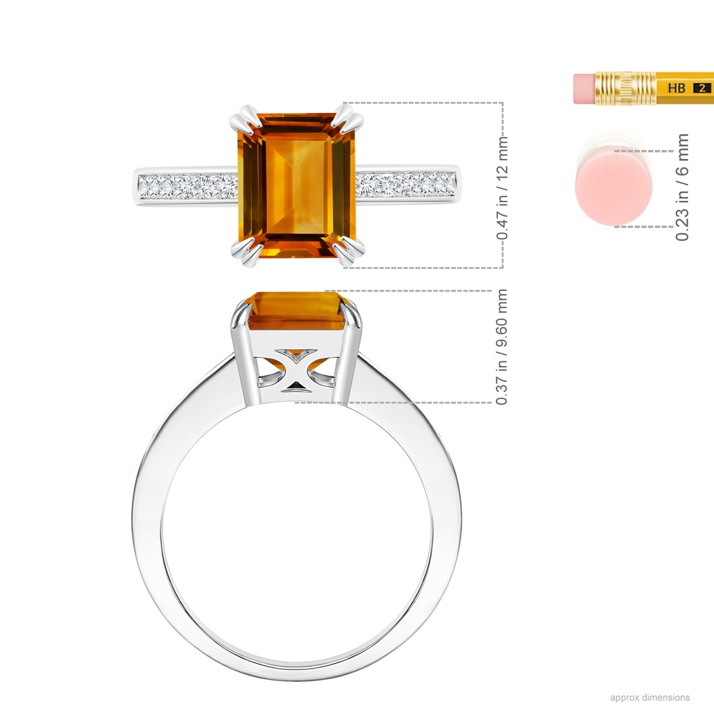 12.14x9.12x5.42mm AAAA GIA Certified Emerald Cut CItrine Cocktail Ring with Diamonds in 18K White Gold ruler