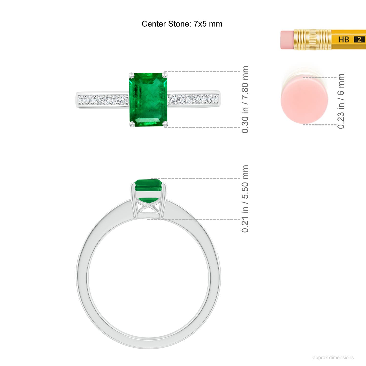 7x5mm AAA Octagonal Emerald Cocktail Ring with Diamonds in White Gold - ruler