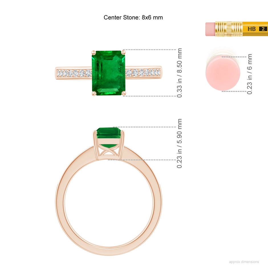 8x6mm AAAA Octagonal Emerald Cocktail Ring with Diamonds in Rose Gold ruler