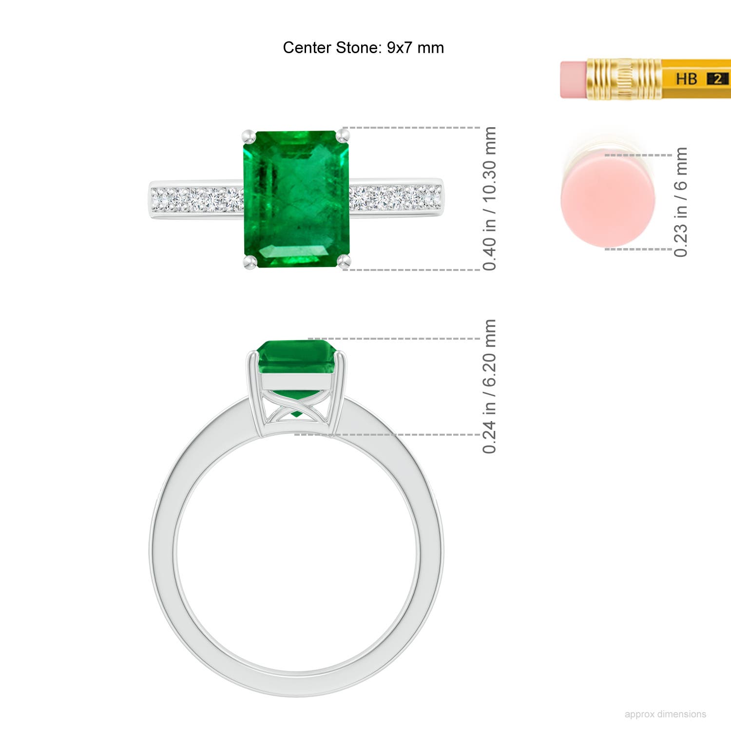 9x7mm AAA Octagonal Emerald Cocktail Ring with Diamonds in White Gold - ruler