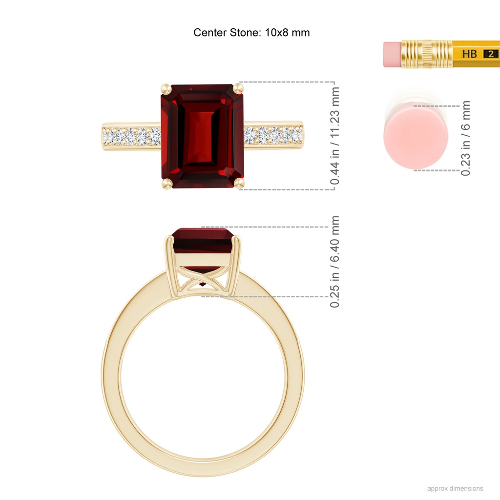 10x8mm AAAA Octagonal Garnet Cocktail Ring with Diamonds in Yellow Gold ruler