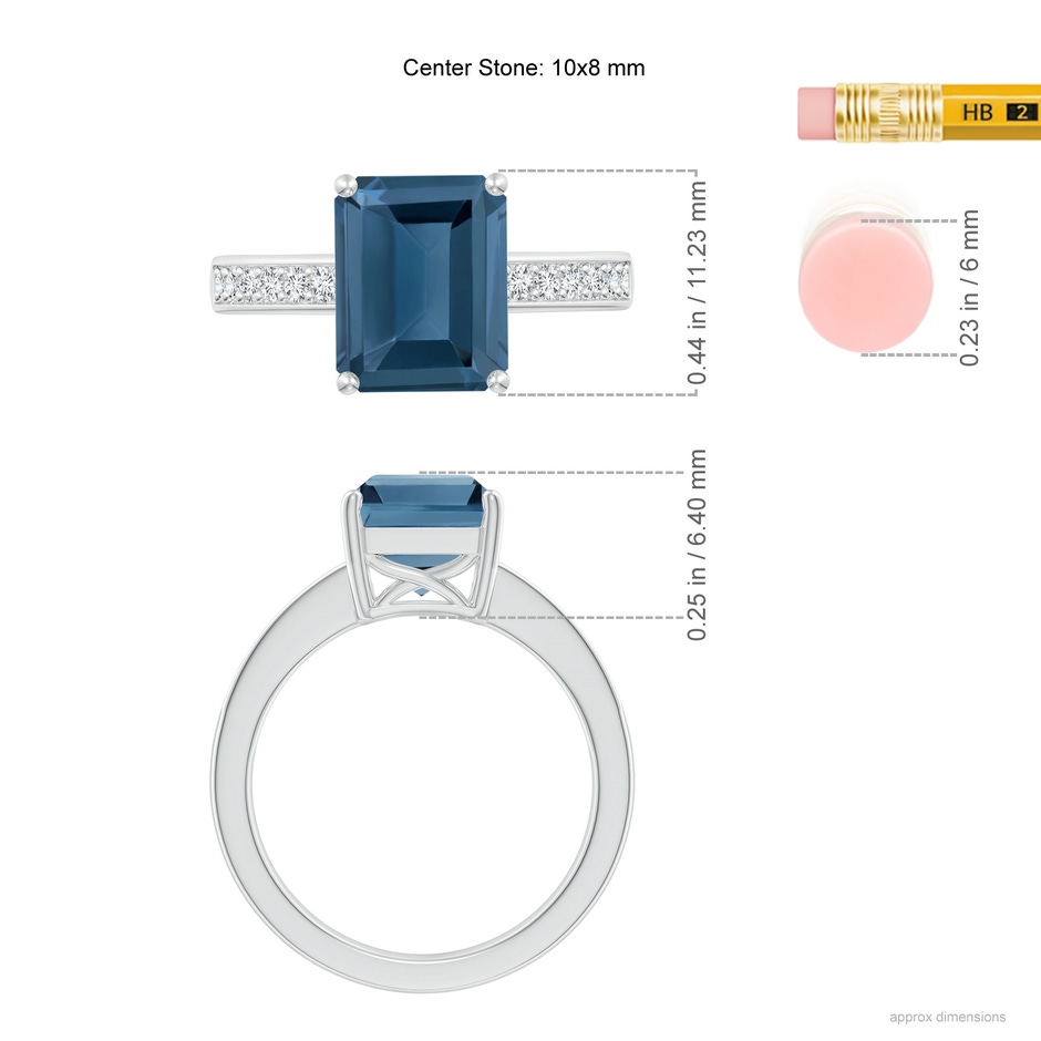 10x8mm A Octagonal London Blue Topaz Cocktail Ring with Diamonds in White Gold ruler