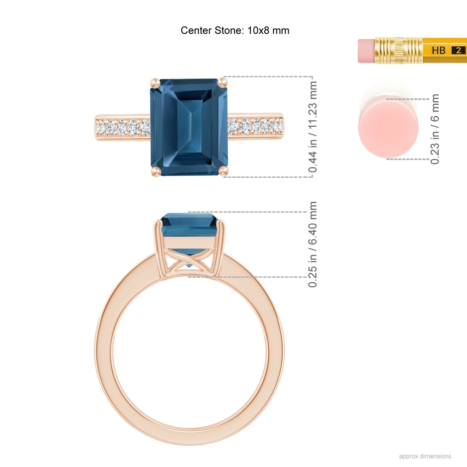 10x8mm AA Octagonal London Blue Topaz Cocktail Ring with Diamonds in Rose Gold ruler