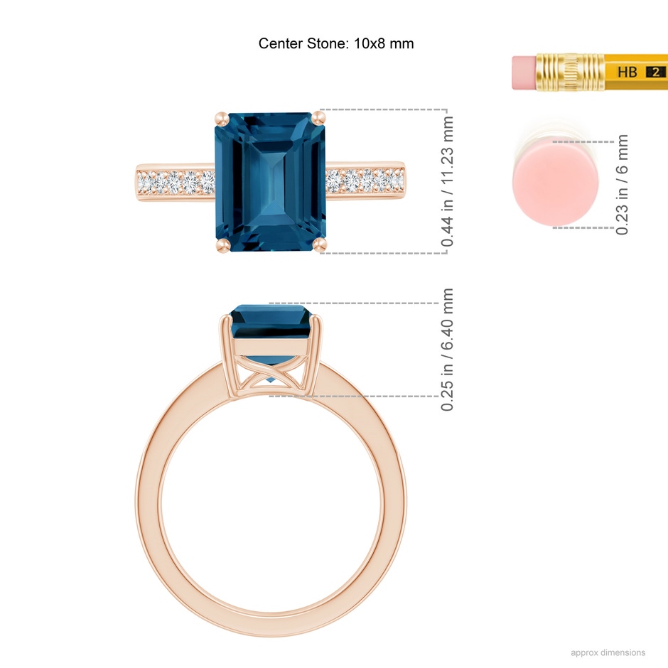 10x8mm AAA Octagonal London Blue Topaz Cocktail Ring with Diamonds in Rose Gold ruler
