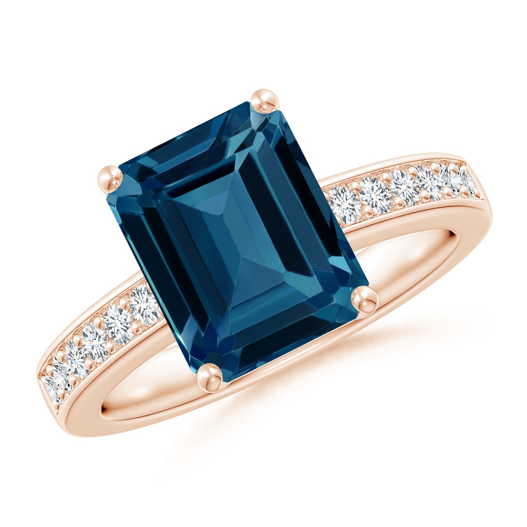 10x8mm AAAA Octagonal London Blue Topaz Cocktail Ring with Diamonds in Rose Gold