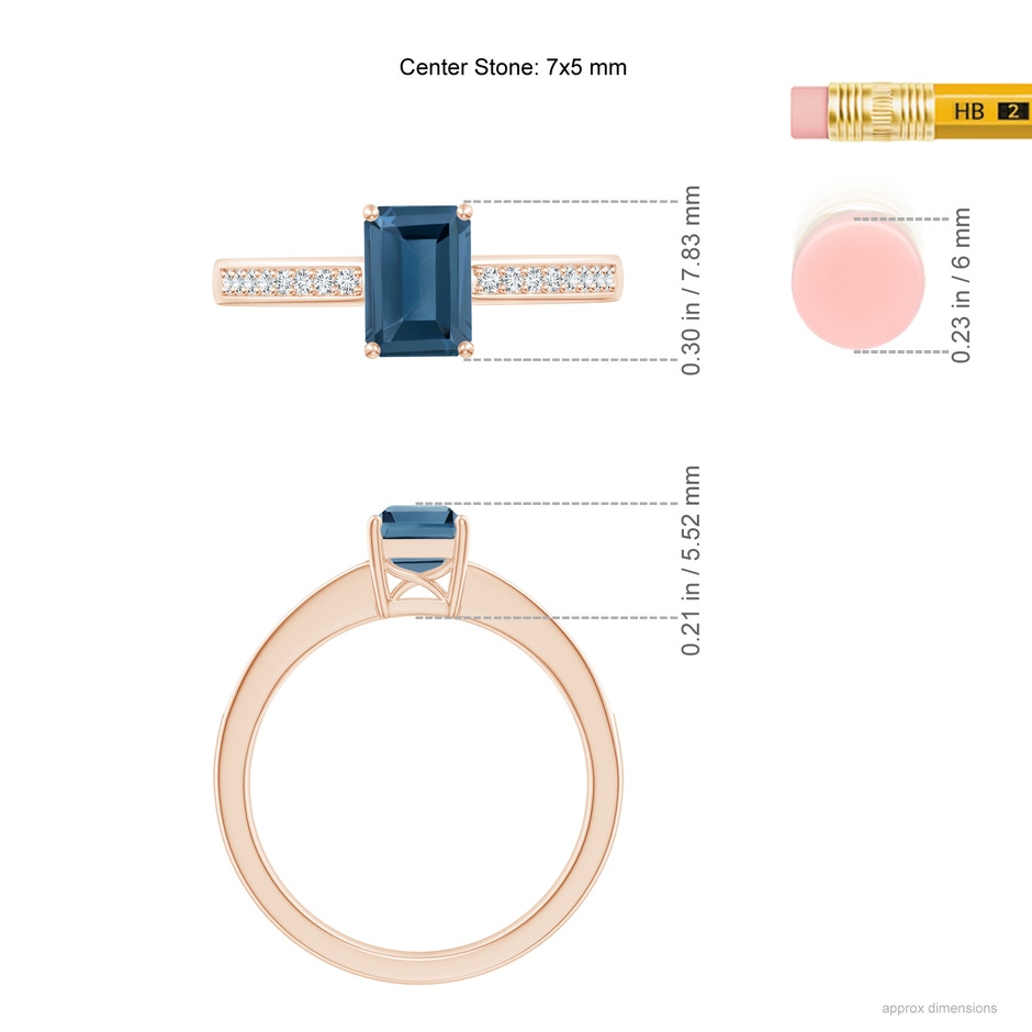7x5mm A Octagonal London Blue Topaz Cocktail Ring with Diamonds in Rose Gold ruler