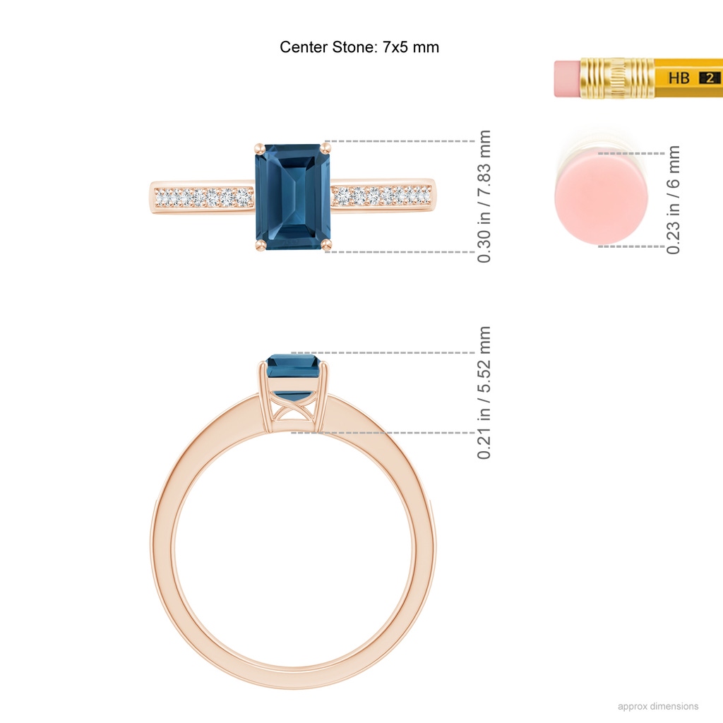 7x5mm AA Octagonal London Blue Topaz Cocktail Ring with Diamonds in Rose Gold Ruler
