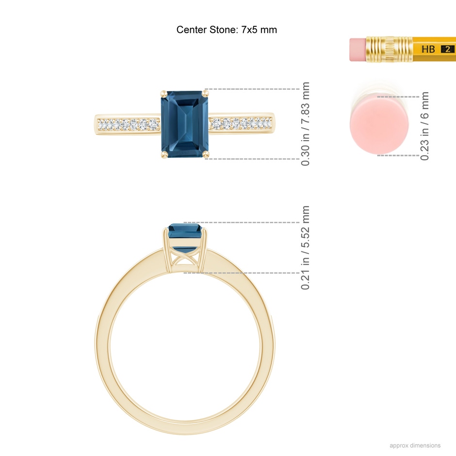 7x5mm AA Octagonal London Blue Topaz Cocktail Ring with Diamonds in Yellow Gold ruler
