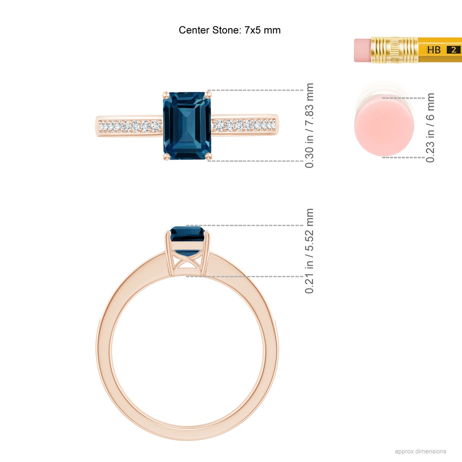 7x5mm AAAA Octagonal London Blue Topaz Cocktail Ring with Diamonds in Rose Gold ruler
