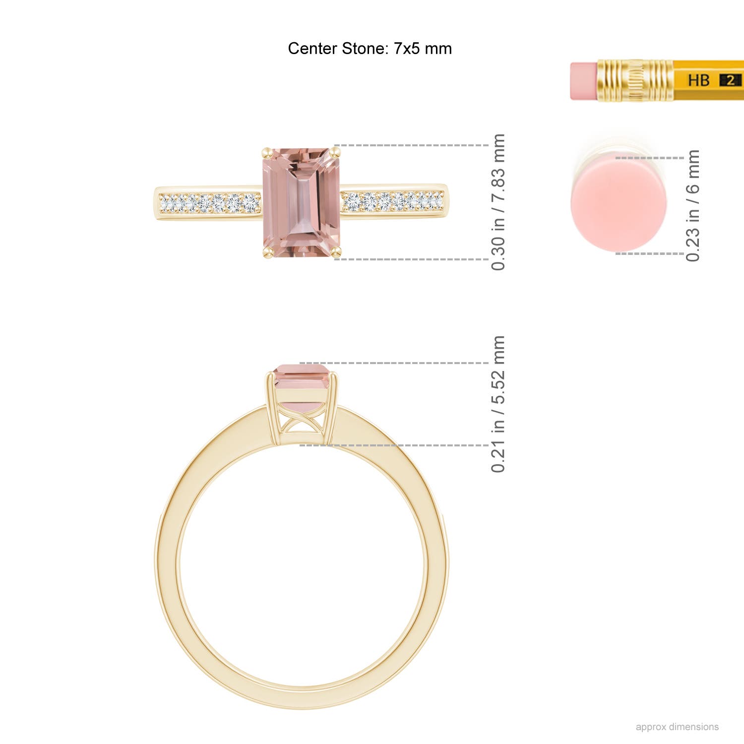 7x5mm AAAA Octagonal Morganite Cocktail Ring with Diamonds in Yellow Gold - ruler