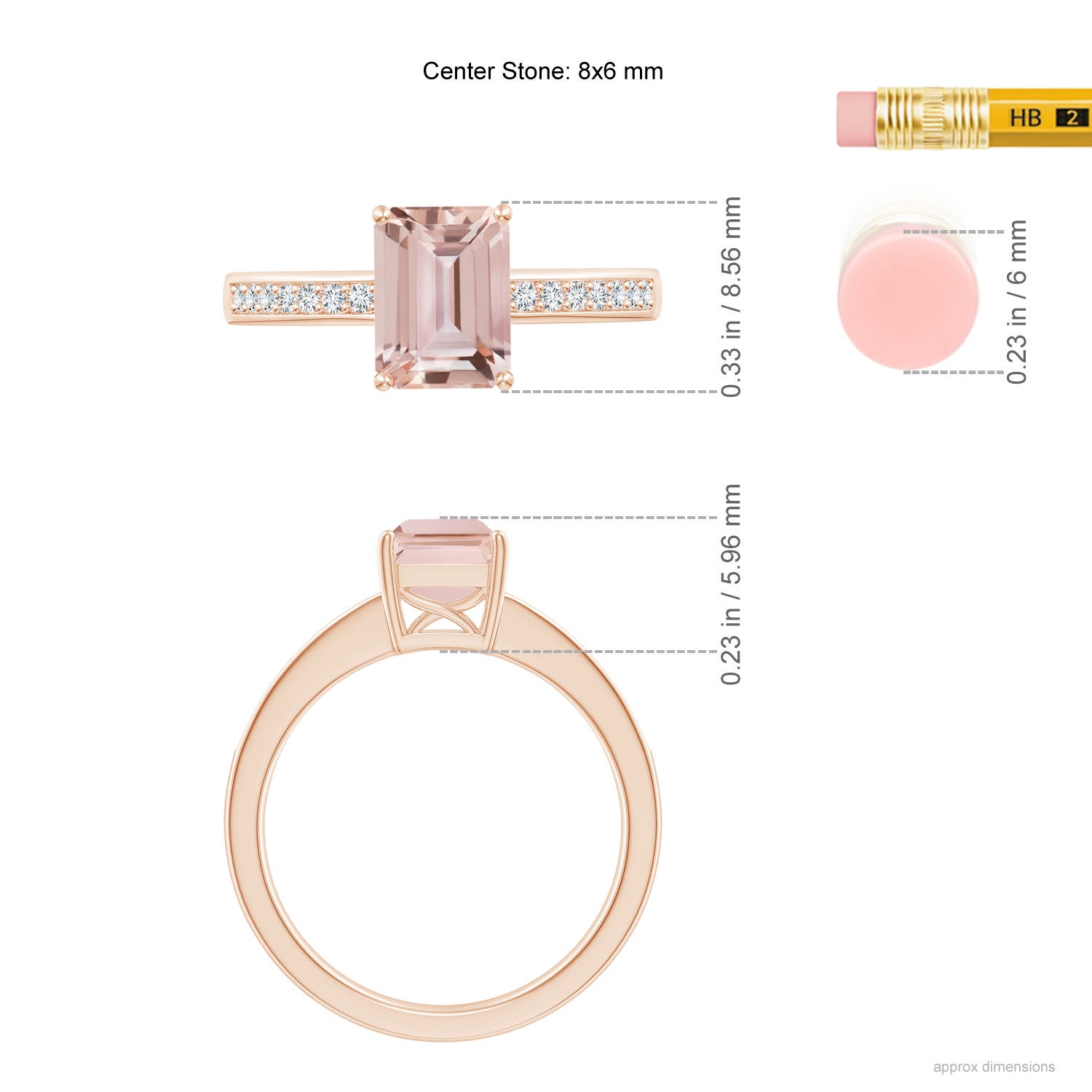 8x6mm AAA Octagonal Morganite Cocktail Ring with Diamonds in Rose Gold - ruler