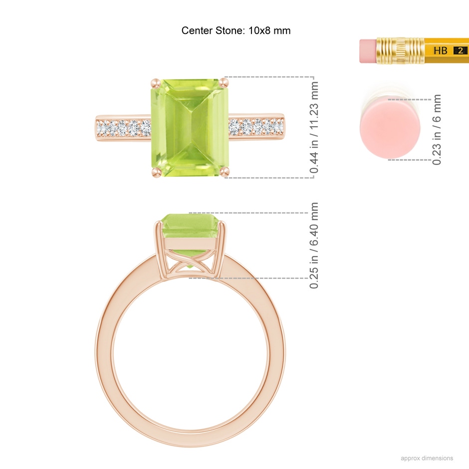 10x8mm A Octagonal Peridot Cocktail Ring with Diamonds in Rose Gold ruler