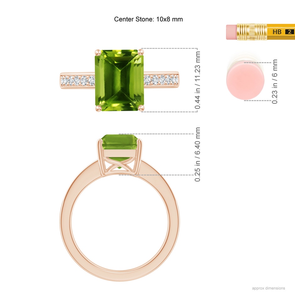 10x8mm AAAA Octagonal Peridot Cocktail Ring with Diamonds in Rose Gold ruler